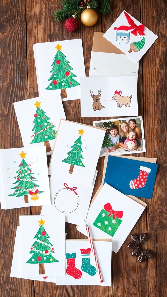 A variety of cute Christmas cards with illustrations and family photos on a wooden table.